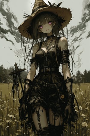 score_9, score_8_up, score_7_up, mid-shot, 1 girl, a beautiful female scarecrow, straw hair, long hair, pointy straw hat, black feathers in hat, bare shoulders, purple eyes, HazbinStyle, cartoon character, ragged dress, black dress, black choker, cross pendant, black belt, black diamond shaped earrings, white colored skin, (stitches on skin), (stitched mouth), stitched mouth smile, stitches on arms, stitches on face, stitches on neck, stitches on breasts, bracelets, cleavage, fully purple sclera, fingerless gloves, stockings, garter strap, standing in a field, highly detailed background, hi-res, masterpiece, volumetric lighting, detailed, perfect, perfection, beautiful eyes, perfect hands,. Photorealistic rendering with anime influence. High definition, 8K resolution,lyh