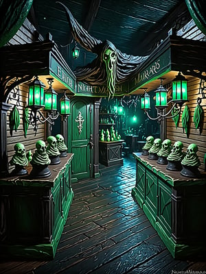 Eldritch marketplace, twisted stalls, dark and mysterious wares, eerie green light, shadowy figures, detailed textures, high detail, high resolution, (dark fantasy, eerie:1.3), (haunting, atmospheric:1.2), (nightmarish:1.4), masterpiece quality , ral-ertmsphr