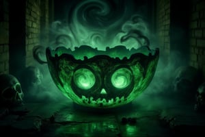 RAW Photo of HalloweenGlowStyle Green decorative bowl, (Masterpiece:1.3) (best quality:1.2) (high quality:1.1)