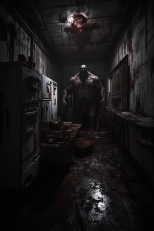 "A spine-chilling illustration of a terrifying 

horror art, gore, abandoned kitchen, dystopian, dark theme,  , haunted place, scarry, fat man holding knife  ,

(masterpiece, best quality, official art, extremely detailed CG unity 8k wallpaper, absurdres, 8k resolution, Cinematic Lighting)."