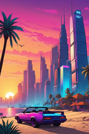 GTA VI style drawing of a vibrant coastal city at sunset with palm trees and skyscrapers, a city inspired by Dubai. Use of vivid colors and realistic details with a touch of distinctive graphic art from the game. ((GTA VI)). UHD. 8K, Glowwave, colorpop,  