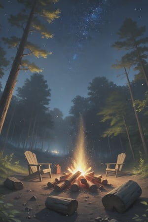 landscape, Summer, Night, forest, Campfire in one place, unmanned, No Man, Starry sky, high definition detail, Ultra detail, film, ultra-realistic realism, Soft light, Deep focus bokeh, Ray tracing, ultra-realistic realism. , Art Station pixiv Gwise, Makoto Shinkai, Art germ