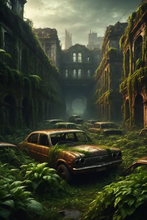 best quality, extremely detailed, 4k, wide shot, After humanity has gone, big city in ruins, overgrown by lots of green plants, streets full of rusty cars, eerie, gloomy, scary atmophere, HellAI, LegendDarkFantasy
