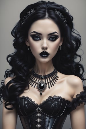 combine all of the below to make a beauty,necklace,hair ornament, jewelry,black corset, black hair,,black eyeliner,black makeup,black lipstick,