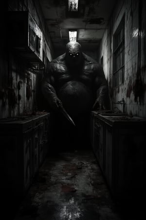 "A spine-chilling illustration of a terrifying 

horror art, gore, abandoned kitchen, dystopian, dark theme,  , haunted place, scarry, fat man holding knife  ,

(masterpiece, best quality, official art, extremely detailed CG unity 8k wallpaper, absurdres, 8k resolution, Cinematic Lighting)."