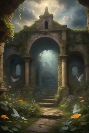 oil painting, Fairies play with the ghosts of the past in an enchanted garden in the ruins of an old castle, a secret tunnel leads to a forgotten crypt, dramatic clouds, gloomy, mysterious, hazy, dusty, mystical, mysterious, gloomy, hazy, dusty, dramatic light, 34K uhd, masterpiece, high detail, 8k, intricate, detailed, high resolution, high res, high quality, , highly detailed, Extremely high-resolution details, fine texture,