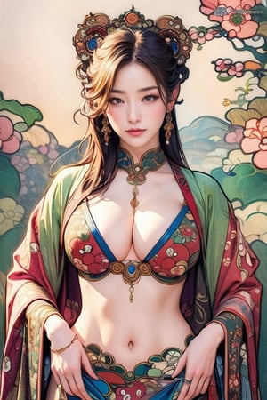 (mucha style), japan oni, busty and sexy girl, 8k, masterpiece, ultra-realistic, best quality, high resolution, high definition, J ONI, MUGODDESS