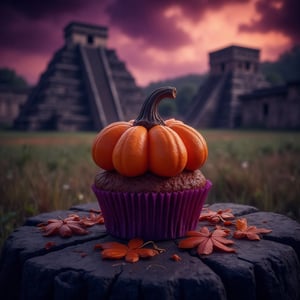 RAW Photo of halloween pumpkin cupcake on a field on the table, in the background old mayan ruins,  colors : brown, magenta, brown, orange  and fluorescent purple, hwskck  , (Masterpiece:1.3) (best quality:1.2) (high quality:1.1)