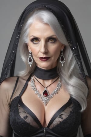 real_foto, beautiful_female, white_hair, 54 years old, white teeth, intense_brown_eyes, little_black_mourning_hat_with_veil,  sexy_mourning_clothes_with_veil, standing, detailed picture, tall, hourglass_figure, natural_skin, huge_boobs, beautiful_face,  dark red lips, necklaces, glittering_medallion, large_earrings, hidden_fingers, fingers_out_of_view, full_body_visible, better photography, fully_dressed, fully_covered, veil_covers_face, veil_covers_cleavage.