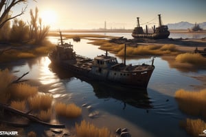 stalker game, reed estuary with abandoned ships, metro exodus, fallout 4, cinematic backlighting, magical deep shadows, ultra-realism