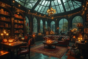 steampunk, ornate, detailed, hyperrealistic, 8k, high quality, award-winning photography, warm, 
score_9, score_8_up, score_7_up, photography, photorealism, UHD, highly detailed, realistic, extremely detailed, photorealistic, books on shelves in a solarium at dusk in autumn mist, halloween decorations and candy on a table