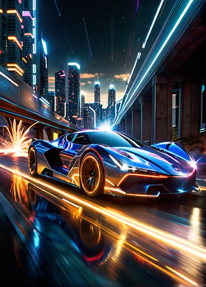 a sci-fi sportscar passing by, light speed, flash, motion trail, a shining star(sun) in the background, motion blur, epic visual effects, interstellar, flow, detailed, scifi, star blast, dark vibrant colors, cosmic art, stars in background, cinematic scene, lens flare, god rays, glow, art of Doug Chiang and John Park  glowneon, glowing, sparks, lightning, ultra detailed , dramatic lighting