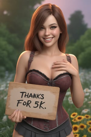 A girl in a garden smiling holding a board with text "Thanks_for_5K" trending on artstation, illustration,ultra-detailed, Corset, realistic, vivid colors, hdr, sharp focus, studio lighting,beautiful detailed eyes,beautiful detailed lips,longeyelashes,medium