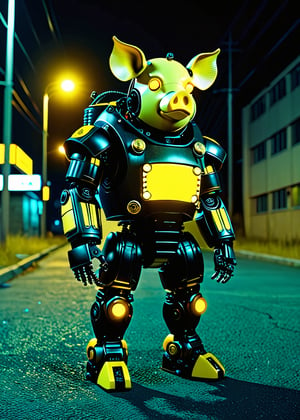 black pig robot, at night, frontal view, yellow glow in the dark color scheme,documentary style realism, responsibility, high saturation, dark atmosphere,scary atmosphere, Junji lTO, Chinese Punk,  