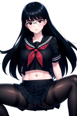 Naked, bare chested
//Quality,
masterpiece, best quality
,//Character,
1girl, solo
,//Fashion, 
,//Background,
white_background
,//Others,
,spread legs, 
naked, bare chested, kyouko kuroyuri, long hair, black hair, (black eyes:1.5), glasses, skirt, school uniform, pantyhose, pleated skirt, serafuku, armband, (black shirt:1.2)