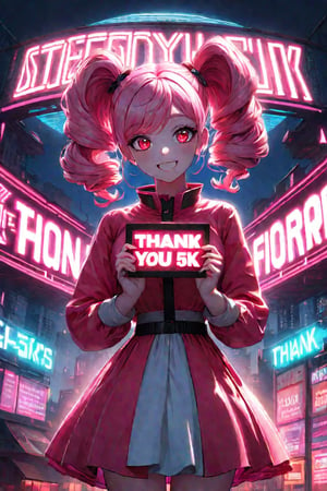 A vibrant anime girl, her bright pink hair styled in pigtails, holds a mesmerizing 3D sign aglow with neon lights. She is holding a sign that reads,  Text "Thank you for 5 K likes" Text, in bold, futuristic font. Against this electric backdrop, a dazzling display of fireworks erupts in shades of crimson and gold, casting a warm glow on the girl's joyful expression.
