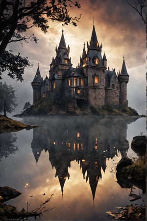 Horror-themed , create a picture of a mystical scene with a small castle in the middle of a calm lake. Create an extraordinary atmosphere with fog that envelops the castle and its surroundings. Highlight the reflection of the castle and the mist on the calm surface of the water. Illuminate the scenery with a dramatic sky showing celestial phenomena or intense cloud formations. Emphasize the magical and fantastical elements to create a captivating image that transports the viewer into a world of enchantment.
 , Ultra-HD-details, true to life, HDR image, High detail resolution, high detailed cloth, cinematic lighting, realistic, sharp focus, (very detailed), ((4K HQ)), depth of field, f/1.2, Leica, 8K HDR, High contrast, bokeh, realistic shadows, vignette, epic, . Eerie, unsettling, dark, spooky, suspenseful, grim, highly detailed
