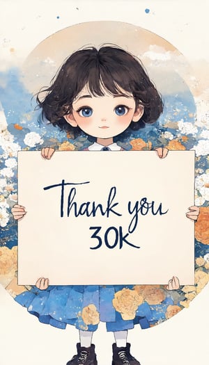 (A very cute girl. She is holding a big sign in both hands that says "Thank you 30k♥". The background is cute with light tones in the style of Victo Ngai), detailed texture, high quality, high resolution, high precision, realism, color correction, proper lighting settings, harmonious composition, Behance work, Watercolor, text, text is ""