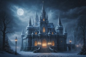 (Christmas Castle ), high elven castle of white stone with towers and spires, 4k, masterpiece, mystic, mysterious, enchanting, ethereal, dark colorful, Snowy dark foggy atmosphere, best quality,extremely intricate, realistic, lamps, Night time, (detailed), Magical Fantasy style,detailmaster2, Lightning, Dungeon and Dragons, falling snow