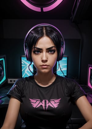 4 cards cartoon style, cyberpunk, short hair, thick eyebrows, digital punk, anime style 4K, short sleeve gaming clothes, black hair, computer room, overhead gaming headset