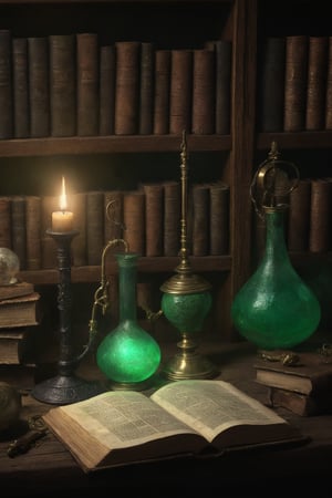 Eldritch laboratory, ancient books, arcane symbols, bubbling potions, dark wood and brass instruments, eerie green light, detailed textures, high detail, high resolution, (dark fantasy, eerie:1.3), (haunting, atmospheric:1.2), (nightmarish:1.4), masterpiece quality , 