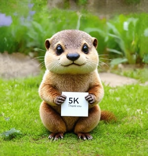 a cute furry little otter sitting on grass holding a sign  , the text on the sign is to read  ''5 k  thank you''