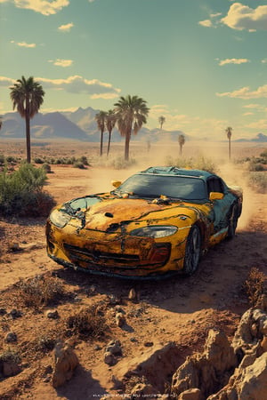 score_9,score_8_up,score_7_up,1 ,best quality,,Masterpiece, professional, award-winning, intricate details, ultra high detailed, Create a shirt design with a   Dodge Viper full of chains and metal spikes in the style of Mad Max, vehicle focus, driving in desert,ek_art_b00ster,anime,illustrated,FluxBoost,myvectorillustrations