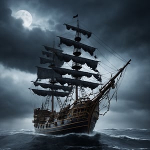 spiderweb pirate ship, ghost entwined with cobwebs, rough dark waves cloudy sky dark sky, cinematic, photorealistic very detailed, professional photo