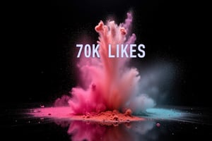 Explosion of colored powder from the bottom on black background with the word "70K LIKES", letters