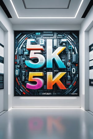Front view of a futuristic museal artwork with the large text "5 K", displayed on the white wall inside a futuristic museum. Bright colors, surrealist, close shot. ,dvr-txt