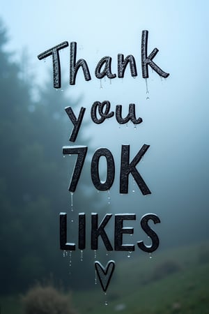 Close-up of foggy window with water mark text "Thank you 70K LIKES", heart symbol,