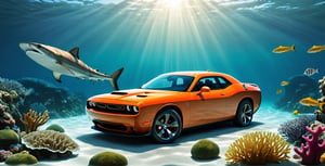 There&#39;s a Dodge Challenger III Restyling 2 2015 at the bottom of the ocean, surrounded by marine life. Light breaks through the water, creating mystical lighting. The car is partially covered with seaweed and coral, which emphasizes his prolonged stay under water. A variety of fish and other marine life swim around. Details for creating a picture: Main object: sports car (Dodge Challenger III Restyling 2 2015). Clean lines and modern car design, but with elements of corrosion and fouling by algae and corals. ambient: Ocean floor, covered with sand and stones. Marine flora: algae, armed, sea grass. Marine fauna: various types of fish, Maybe, small sharks, Jellyfish. Lighting & Atmosphere: Scattered light, penetrating through the water from above, creating soft light rays. Shadows & Depth, giving the image realism. Bluish and greenish shades, characteristic of the underwater environment. Additional elements (Optional): Shipwrecks or old chests in the distance to add ambience. little air bubbles, rising from the car. Style and mood: Realistic style with high detail. Mystical and slightly mysterious atmosphere. Combination of modern and natural. Technical specifications: a high resolution. Realistic stylization. Detailed elements of the car and the underwater world. Effective use of light and shadow to create depth and realism.