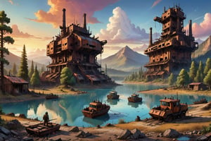 clouds, sunset, cosmic rays, post apocalyptic, city ruins, carcass of giant mining machinery, wide shot, trees, mountain background, dirty lake, tiny boats and fishermen
