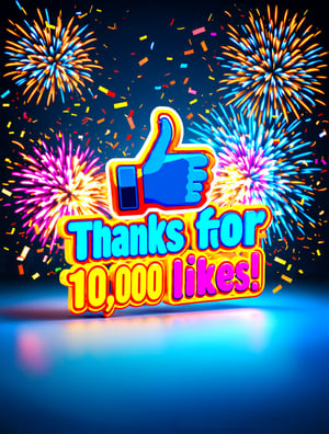 A vibrant digital sign bursting with celebratory flair, rendered in bold, 3D graphics, featuring a gleaming thumbs up icon hovering above the words text as "Thanks for 10,000 likes!" in a futuristic, metallic font, surrounded by swirling confetti and fireworks explosions in shades of electric blue, hot pink, and sunshine yellow, set against a radiant, gradient background that shifts from bright orange to sky blue, evoking a sense of excitement, joy, and community, with subtle, metallic reflections adding a touch of glamour and sophistication,