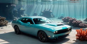 There&#39;s a Dodge Challenger III Restyling 2 2015 at the bottom of the ocean, surrounded by marine life. Light breaks through the water, creating mystical lighting. The car is partially covered with seaweed and coral, which emphasizes his prolonged stay under water. A variety of fish and other marine life swim around. Details for creating a picture: Main object: sports car (Dodge Challenger III Restyling 2 2015). Clean lines and modern car design, but with elements of corrosion and fouling by algae and corals. ambient: Ocean floor, covered with sand and stones. Marine flora: algae, armed, sea grass. Marine fauna: various types of fish, Maybe, small sharks, Jellyfish. Lighting & Atmosphere: Scattered light, penetrating through the water from above, creating soft light rays. Shadows & Depth, giving the image realism. Bluish and greenish shades, characteristic of the underwater environment. Additional elements (Optional): Shipwrecks or old chests in the distance to add ambience. little air bubbles, rising from the car. Style and mood: Realistic style with high detail. Mystical and slightly mysterious atmosphere. Combination of modern and natural. Technical specifications: a high resolution. Realistic stylization. Detailed elements of the car and the underwater world. Effective use of light and shadow to create depth and realism.