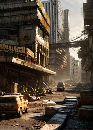 extremely detailed, there is a truck that is driving through a city with buildings, digital concept art of dystopian, post - apocalyptic city, dystopian scifi apocalypse, photorealistic dark concept art, post apocalyptic city, post apocalyptic scene, apocalyptic city, highly realistic concept art, post apocalyptic atmosphere, post apocalyptic tokyo, post apocalyptic wasteland, post - apocalyptic wasteland, post - apocalyptic city streets, unreal engine 5, perfect composition, vibrant, rtx, hbao, sharp, realisticvision-negative-embedding