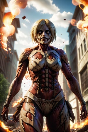 Attack on Titan Annie, Post-apocalytic, Female Titan, Bokeh, nffsw, Side lighting, A hyper-realistic, Ray tracing, Whole body, Fall, super mad, Mad Female Giant, apocalypse, Realistic Titans, look from down,