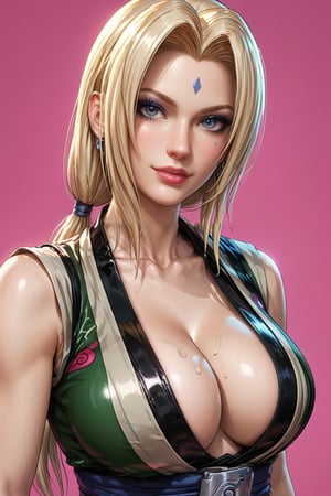 leather harness,Tsunade (Naruto), woman, 1girl, solo,Tsunade is already over 60 years old, but she can easily be confused with a twenty-year-old girl. She has long, blond hair tied in two ponytails. (((Her eyes brown))) Lips are painted with pink lipstick. The nails are painted with red varnish.