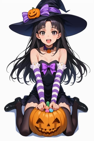 score_9, score_8_up, score_8, (source_anime),  1girl
1girl
solo
long hair
looking at viewer
smile
open mouth
simple background
black hair
thighhighs
hat
white background
dress
bow
ribbon
sitting
collarbone
full body
:d
detached sleeves
food
choker
striped
black footwear
black eyes
black dress
black headwear
strapless
witch hat
short dress
candy
strapless dress
striped thighhighs
halloween
lollipop
purple ribbon
jack-o'-lantern
halloween costume
pumpkin