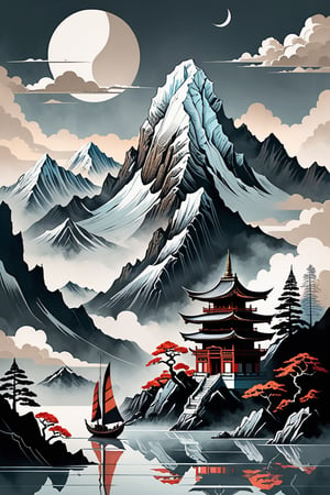 "Serene Sail" - Title: "Temple in the Sky" Minimalist ink sketch, double exposure effect, featuring a small Buddhist temple nestled high among mountain peaks and glaciers, while a mystical sailboat with a solitary sail glides through vast cumulus clouds, style reminiscent of Nihonga and Ukiyo-E, imbued with a perfect composition, an epic dreamy atmosphere, sharp focus, intricate details, trending on ArtStation, highly detailed work styled by Greg Rutkowski.