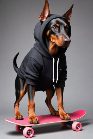 C4tt4stic, Cartoon Doberman dog in a skateboard with a hoodie（Body hair is black、Details of the appearance of the Doberman） X