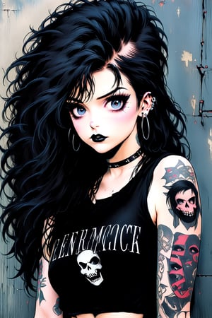 fullbody, Female goth with pale skin, long straight black hair, dressed in black ripped jeans with a black cropped tanktop, sunglasses, black lipstick, tattooed, tattooed face, tattooed body,