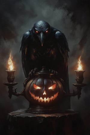 a black raven  sitting  a JACK O LANTERN, the black raven has glowing red eyes,  on each side is a flamings torchs. the atmosphere is dark and foggy.
dark, texture, vintage, light particles, dust, noise, grainy, film grain, pure black