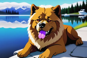 Chow-chow breed, Luxurious lion's mane, a slightly frowning expression on the muzzle and a purple tongue, a red dog with its tongue hanging out sits near the lake. a lot of wool, 4 paws, close-up, SUNNY WEATHER,