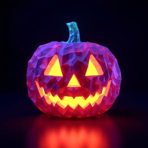 Halloween Jack-o-lantern made entirely of multicolored glowing crystals, ((low poly)), refraction, dark backdrop, happy, translucent, illumination, minimalist, , at the bottom in orange neon color the word halloween,