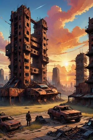 clouds, sunset, cosmic rays, post apocalyptic, city ruins, carcass of giant machinery,