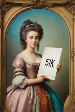 Very beautiful girl holding a white board with text "5 K". Rococo oil paint, bright colors, text as ""