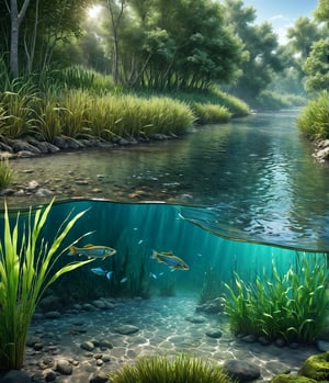 photorealistic of a river, in a forest, with fresh water, with a characteristic seawater fish that swims underwater, with reeds, view of the river with trees on the bank