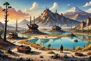 clouds, sunset, cosmic rays, post apocalyptic, city ruins, (giant crater, deep bomb crater:1.2), skeleton of giant mining machinery, wide shot, trees, mountain background, dirty lake, (tiny boats and fishermen:0.7) far away, (toxic wastes. sulphur lakes:1.2), dead trees, dead birds on ground,