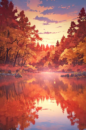 A lake located deep in a remote forest, The surface of the lake is quiet and beautiful, reflecting the red and yellow leaves of the surrounding trees and the bright red sunset, A moving autumn landscape, (masterpiece:1.3), (highest quality, 16k, ultra-detailed)